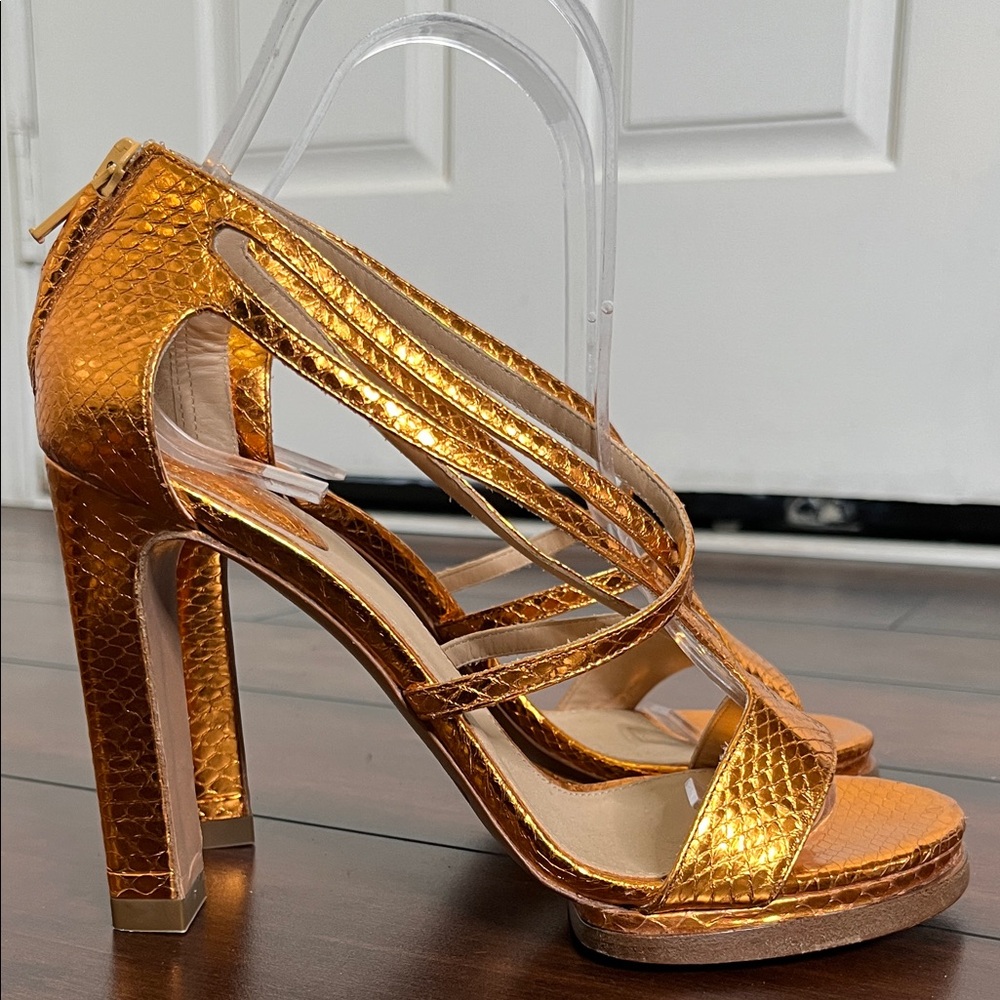Chloe Women's Python Leather Sandals Heels Criss Cross Metallic Bronze size 36.5